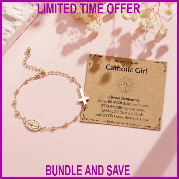 Virgin Mary Cross Charm Bracelet 14K Gold Plated 6" Length - Picture 5 of 7